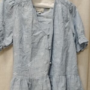 Lucky Brand Sky Blue Striped Shirt Large Embroidered Floral Blue